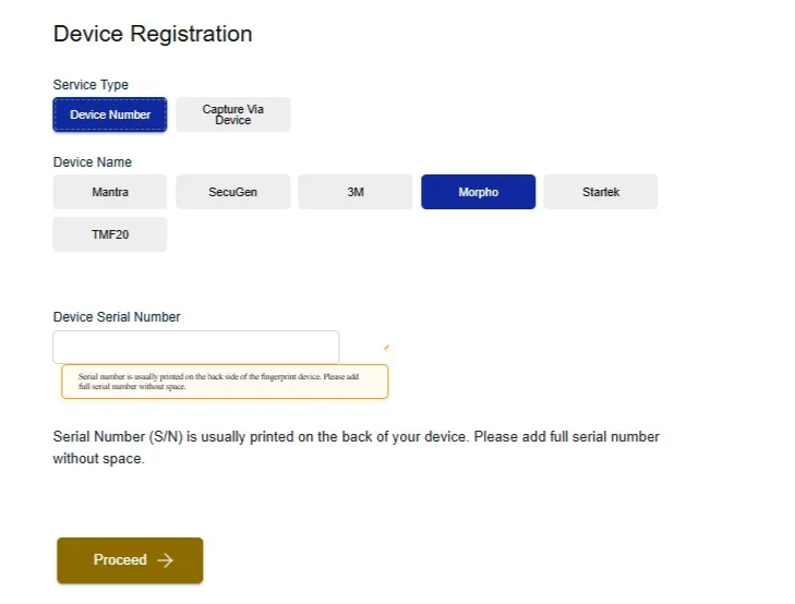 Biometric device registration via serial number